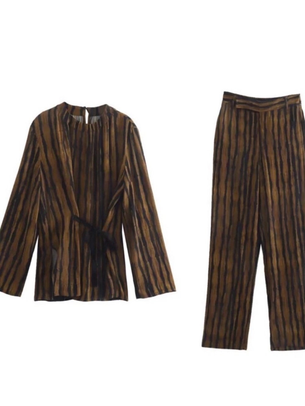 Zara Brown & Black Vertical-Stripe Wide-Leg Trousers Set - Picture 2 of 2
